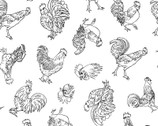Farm Raised - Rooster Linework Outline White by Gail Green from Henry Glass Fabric