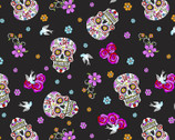 Calaveras - Day Of the Dead Floral GLITTER Black from David Textiles Fabrics