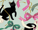 Neko Metallic - Cats Ribbons Bows Mint from Quilt Gate Fabric