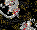 Traditional Japanese Style DOBBY - Dragons Floral Black from Cosmo Fabric