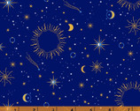 Orbit - Sun Moon and Star Royal Blue Metallic by Whistler Studios from Windham Fabrics