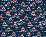 Walk The Plank - Nautical Scary Sharks Navy Blue from Timeless Treasures Fabric