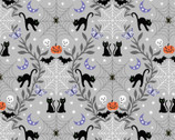 Castle Spooky GLOW in the DARK - Cobwebs and Cats Light Grey from Lewis and Irene Fabric