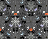 Castle Spooky GLOW in the DARK - Cobwebs and Cats Dark Grey from Lewis and Irene Fabric