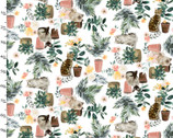 Everyday is Caturday - Cats Potted Plants White from 3 Wishes Fabric