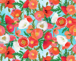 Positively Poppies - Poppies Packed Bouquets Aqua by Diane Neukirch from Clothworks Fabric
