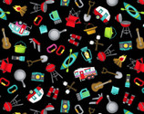 Roamin’ Holiday - Tossed Camper Icons Black by Pam Bocko from Studio E Fabrics