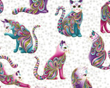 Cat-I-Tude - Artist O Cats White Metallic by Ann Lauer from Benartex Fabrics