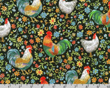 Roaming Rooster - Roosters Floral Black by Helen Vladykina from Robert Kaufman Fabric