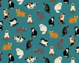 Kawaii Animal CANVAS - Cats Teal from Cosmo Fabric