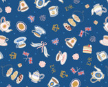 Jubilee - Tea Time Toss Gold Metallic Royal Blue from Lewis and Irene Fabric