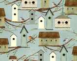 Touch of Spring - Bird Houses Blue by Beth Albert from 3 Wishes Fabric