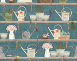 Touch of Spring - Water Can Potted Plants Blue from 3 Wishes Fabric