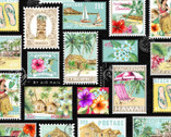 Lost in Paradise - Tropical Getaway Postage Stamps Black from Michael Miller Fabric