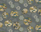 Hyakka Ryoran Shiki Metallic - Floral Circle Floral Grey from Quilt Gate Fabric
