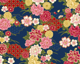 Traditional Japanese Style SATIN - Floral Cloud Dark Blue from Cosmo Fabric