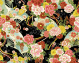 Traditional Japanese Style SATIN - Floral Fan Black from Cosmo Fabric