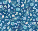 Salt and Sea - Shells and Seahorses Dark Blue from Henry Glass Fabric