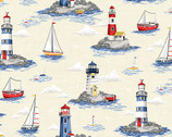 Nautical - Lighthouses Neutral from Makower UK  Fabric