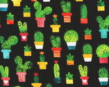 Chili Smiles - Potted Cactus Succulents Black from Robert Kaufman Fabric