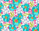 Josie Jean - Floral Turquoise on White from Clothworks Fabric
