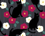 Tsubaki and Cat DOBBY - Black Cats Floral on Grey from Cosmo Fabric