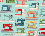 Sewing Room - Sewing Machines Blue Aqua from Makower UK  Fabric