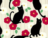 Tsubaki and Cat DOBBY - Black Cats Floral on Natural from Cosmo Fabric