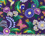 Midnight Nectar - Florals Hummingbirds Butterflies Violet Purple from Robert Kaufman Fabric