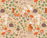 Evergreen - Squirrels and Hedgehogs Light Oak from Lewis and Irene Fabric