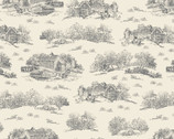 Rooster Farm House - Scenic Black Cream by Retro Vintage from P & B Textiles Fabric