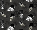 Wicked Skulls Top Hats Charcoal from Timeless Treasures Fabric