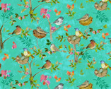 Feathered Friends - Nesting Birds Aqua Teal from Clothworks Fabric