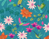 Hibiscus Hummingbird - Large Floral Bird Tropical Blue from Lewis and Irene Fabric
