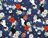 Hachiware Romance - Cats Floral Toss Blue from Cosmo Fabric