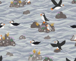 Puffin Bay - Puffins on Rocks Grey from Lewis and Irene Fabric