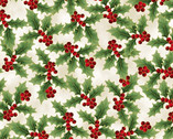 Holiday Wishes Metallic - Holly Berries Natural from Hoffman Fabrics
