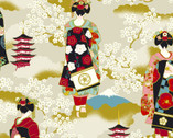 Shikisai Monyou SATIN - Geisha Natural from Cosmo Fabric