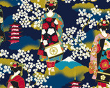 Shikisai Monyou SATIN - Geisha Blue from Cosmo Fabric