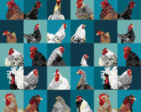 Zooming Chickens - 4 Inch Blocks Teal Red by Timna Tarr from Studio E Fabrics