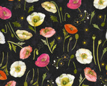 Poppy Dreams - Tossed Poppies Orange on Black by Sue Zipkin from Clothworks Fabric