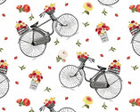 Flower Market - Tossed Large Bicycles White by Jessica Mundo from Henry Glass Fabric