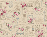 Rose Garden - Floral Words Motifs Tan from Cosmo Fabric