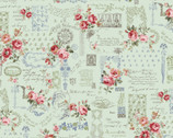 Rose Garden - Floral Words Motifs Mint from Cosmo Fabric