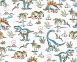 Totally Roarsome FLANNEL - Might Landscape Dinosaur White from 3 Wishes Fabric