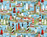 Lights of Hope - Packed Lighthouses Blue by Don Elias from Elizabeth’s Studio Fabric