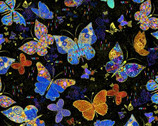 Wings of Gold - Large Flying Butterflies Metallic Black from Timeless Treasures Fabric