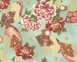 Auspicious Pattern METALLIC - Floral Fans Minty Blue from Quilt Gate Fabric