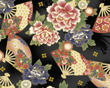 Auspicious Pattern METALLIC - Floral Fans Black Grey from Quilt Gate Fabric