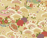 Auspicious Pattern METALLIC - Floral Containers Natural Tan from Quilt Gate Fabric